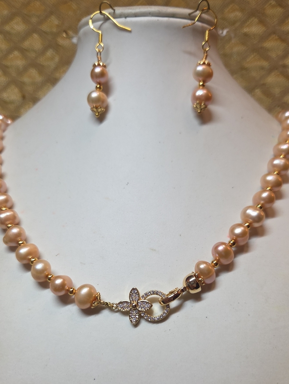 Freshwater Peach Pearl Necklace & Earrings Set with Gold Accents